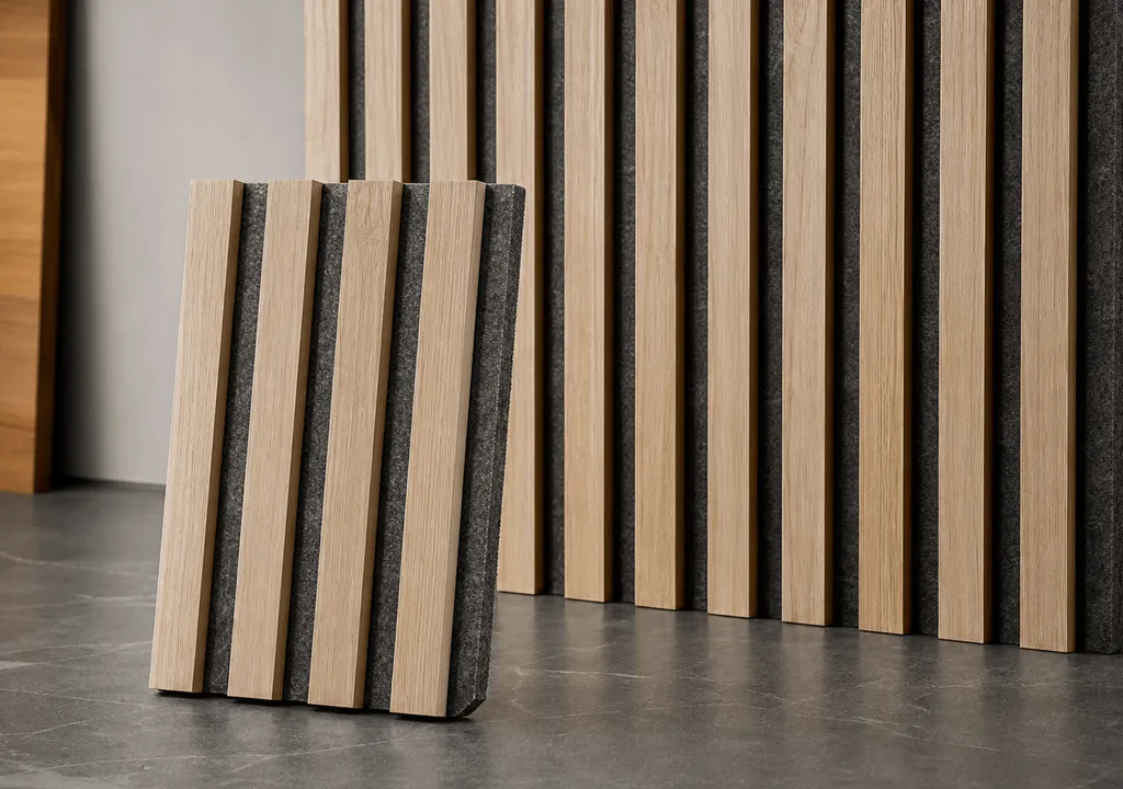 Wood slat and PET felt acoustic wall panel samples