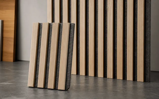 Wood slat and PET felt acoustic wall panel samples