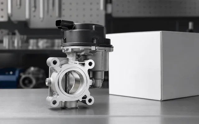 Unbranded automotive aftermarket assembly beside blank packaging