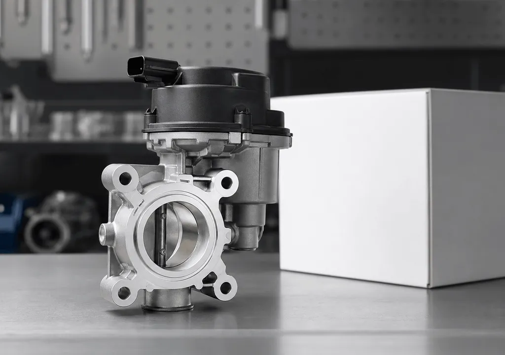 Unbranded automotive aftermarket assembly beside blank packaging