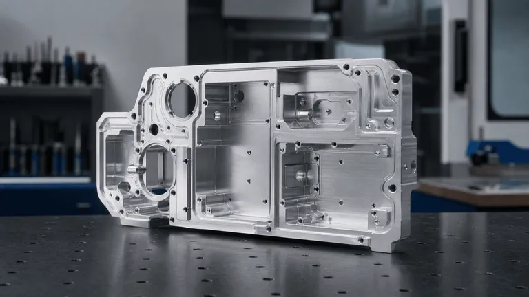 Five-axis CNC-machined aluminum housing on a precision inspection table