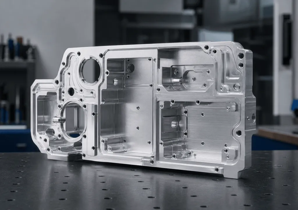 Five-axis CNC-machined aluminum housing on a precision inspection table