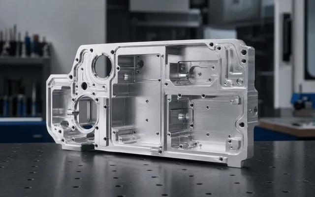 Five-axis CNC-machined aluminum housing on a precision inspection table