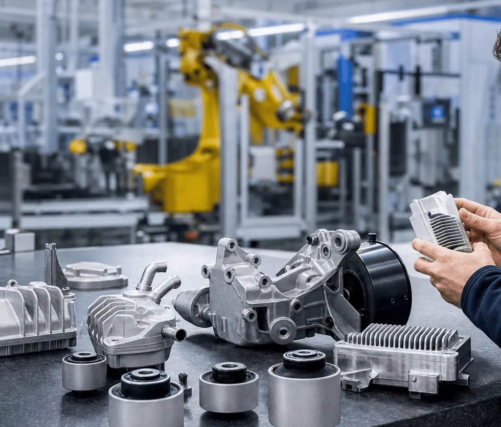 Automotive components being inspected in a modern quality control facility