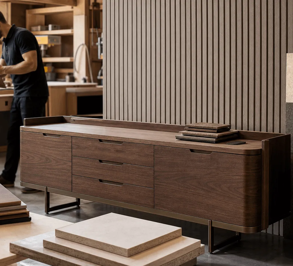 Furniture workshop with finished casegoods, wood veneers and building material samples