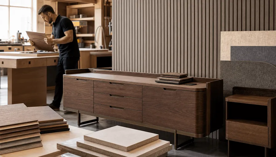 Furniture workshop with finished casegoods, wood veneers and building material samples