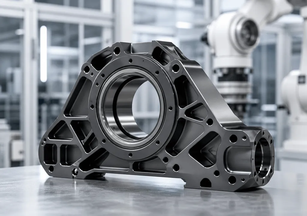 Hard-anodized aluminum robot joint component in a robotics workshop
