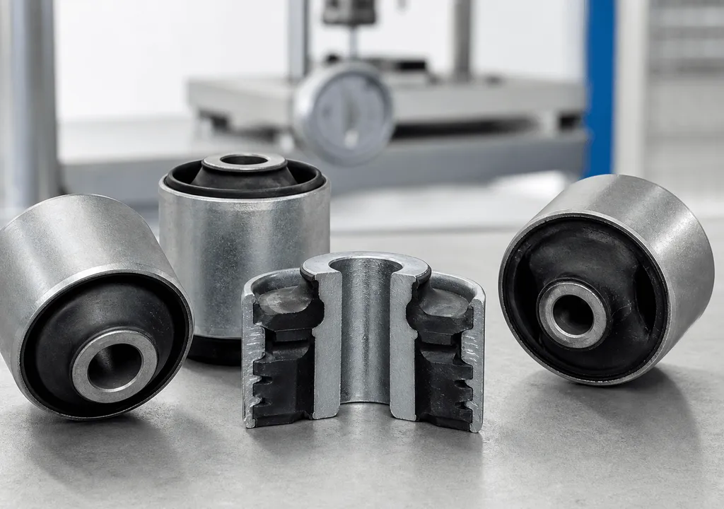 Rubber-metal automotive suspension bushings with a cutaway sample