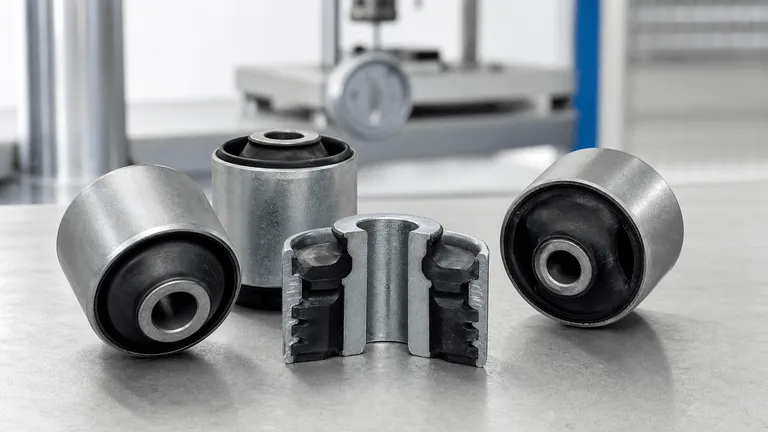 Rubber-metal automotive suspension bushings with a cutaway sample