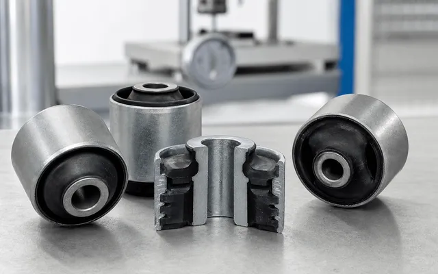 Rubber-metal automotive suspension bushings with a cutaway sample