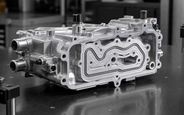 Machined aluminum EV thermal-management housing on an inspection bench