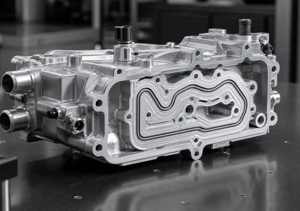 Machined aluminum EV thermal-management housing on an inspection bench