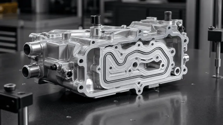 Machined aluminum EV thermal-management housing on an inspection bench